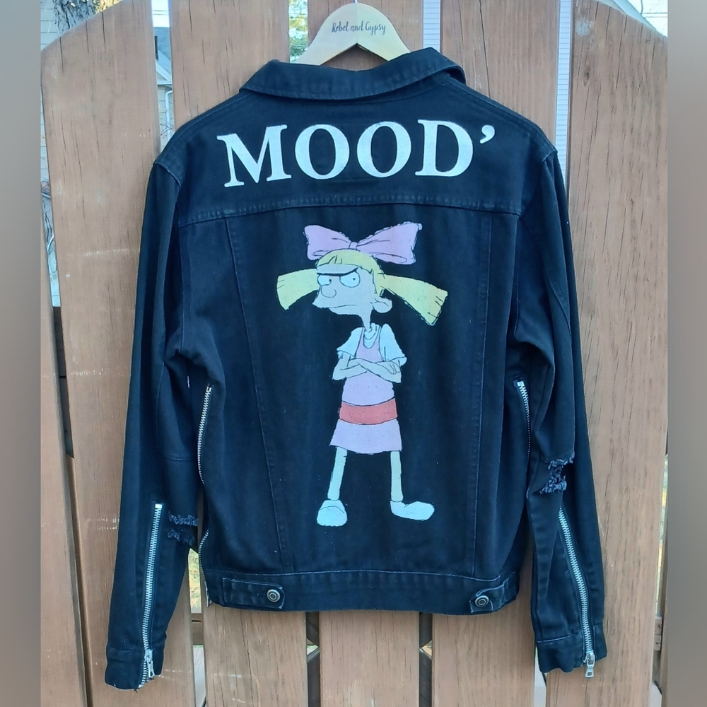 Mens Distressed Black Jean Jacket Hey Arnold Helga Character Graphic Back Size S